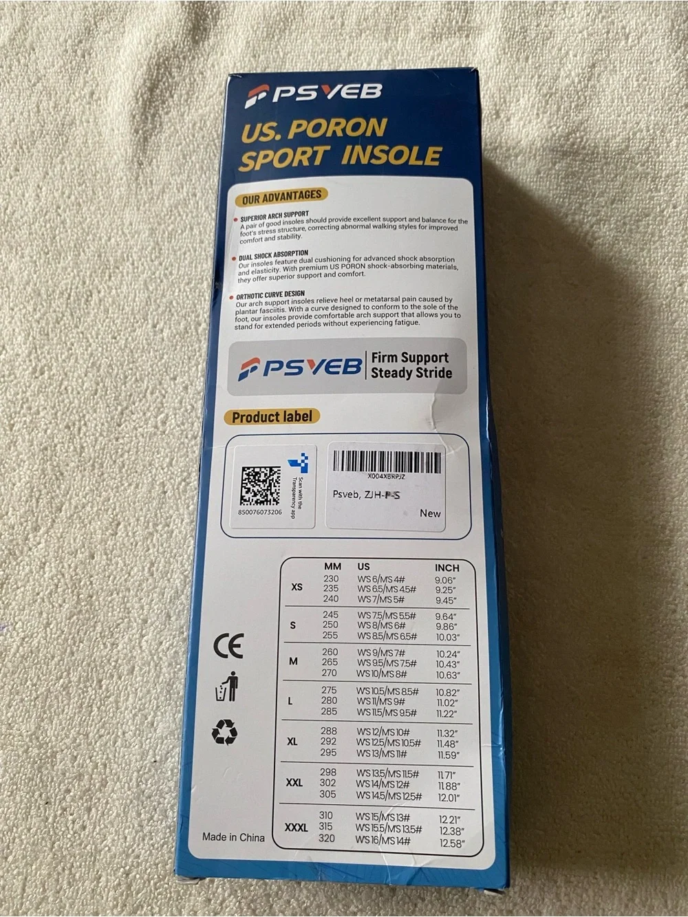 PSVEB Rogers Poron Sport Insoles Arch Support Blue Cuttable Size -Open Box